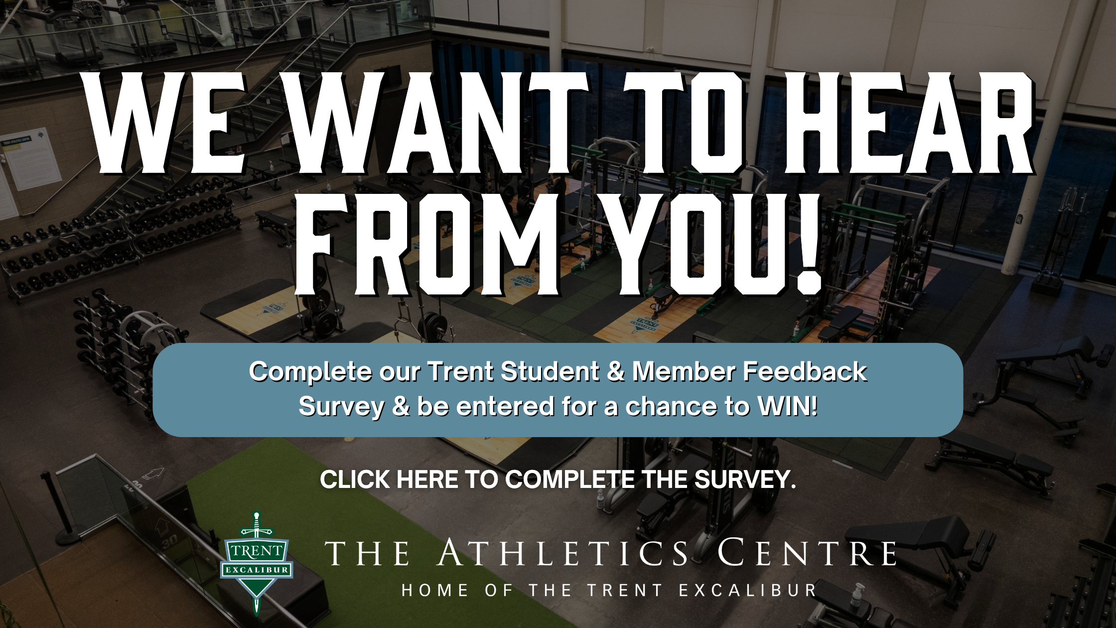 Trent Athletics survey promotion inviting students and members to complete a feedback survey for a chance to win.