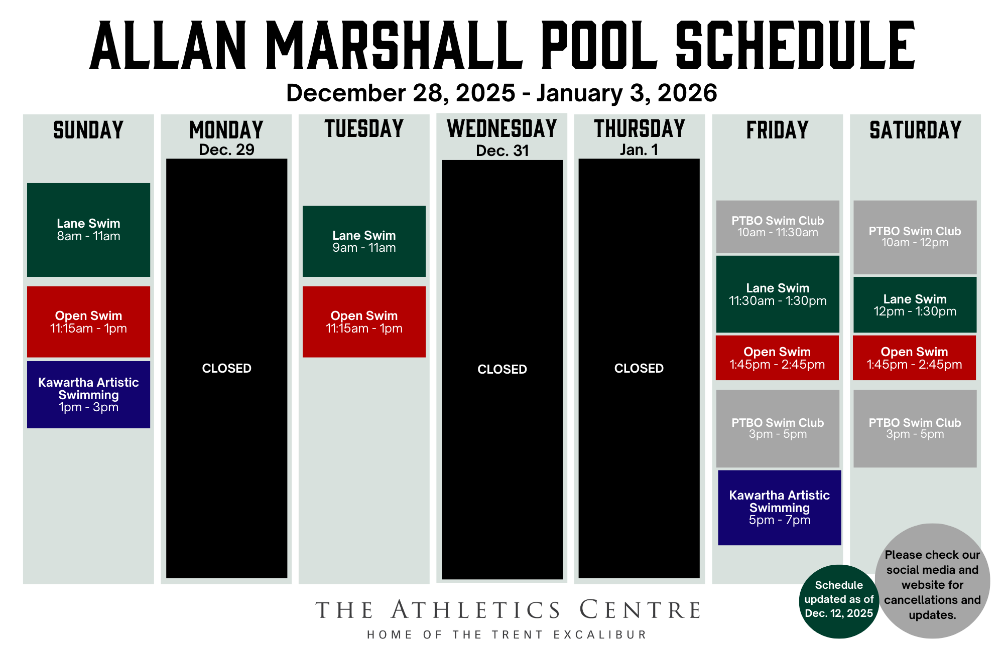 Pool schedule Dec 28 - Jan 3