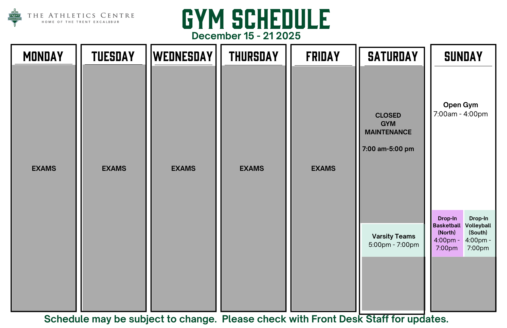 Gym Schedule December 15-21