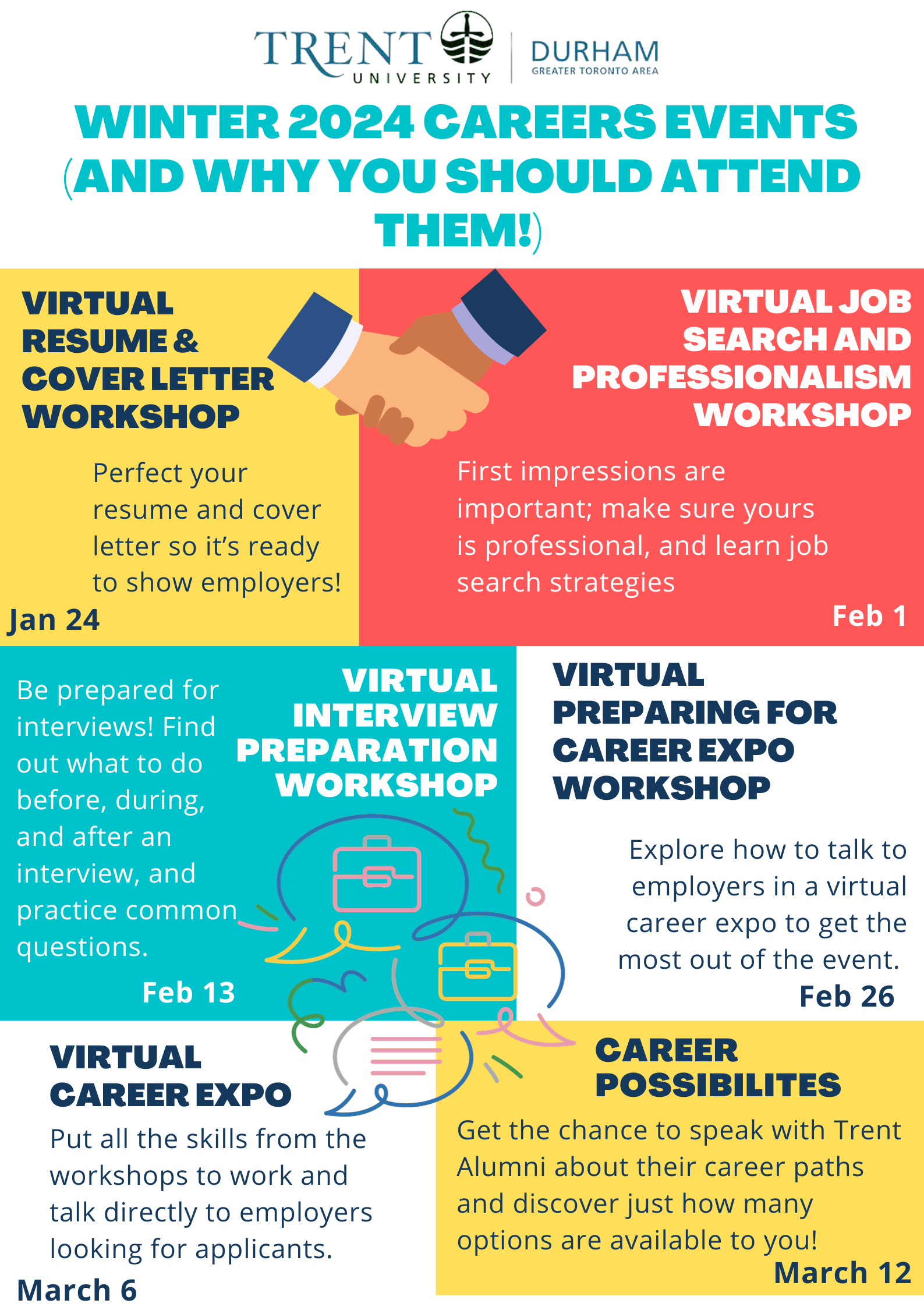 Poster for Wimter 2024 Careers Events and why you should attend them! Virtual resume and cover letter, virtual job search and professionalism workshop, virtual interview preparation workshop, virtual preparing for career expo workshop, virtual career expo, career possibilities event, all details provided in posters below