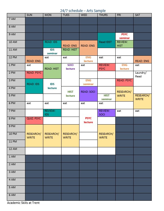 7-day, 24-hour schedule by the hour with classes and tasks identified and colour-coded.