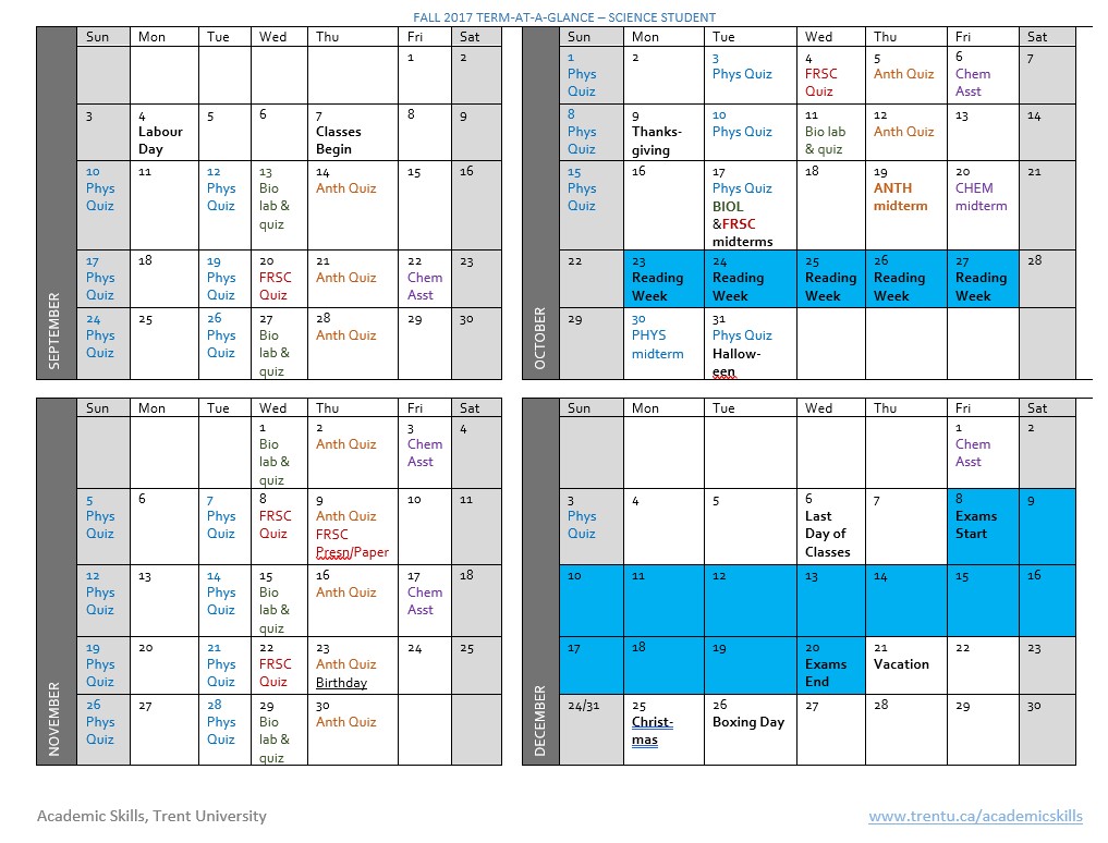 Completed 4-month calendar indicating dates for weekly quizzes, assignment deadlines, holidays, exam period, and social events.