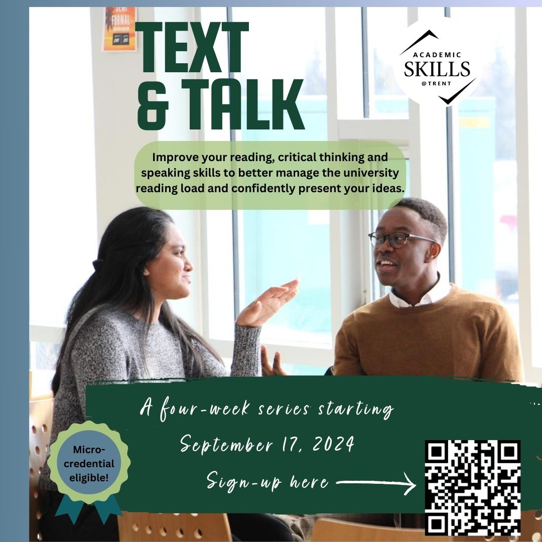 Promotional image includes Two people at a table near a window talking. Text reads: Text and Talk: Improve your reading, critical thinking and speaking skills. A four-week series starting Sept 17, 2024. Micro-credential eligible.