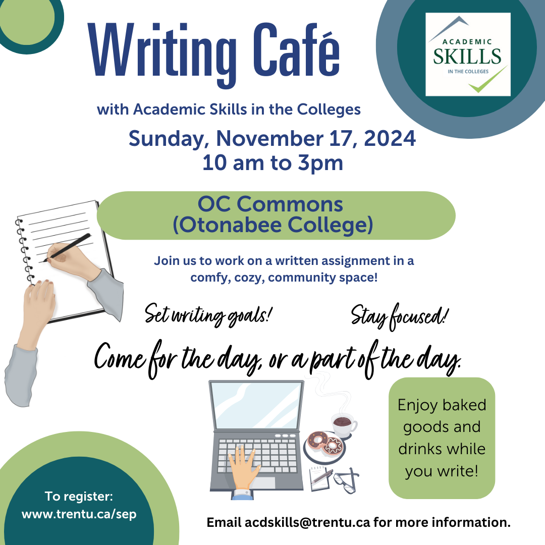 Illustrations of hands writing in notebook and hands typing on laptop accompanied by donuts and coffee. Text reads Set writing goals! Stay focused! Enjoy baked goods and drinks while you write.