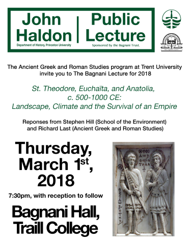 information on the lecture and a picture of 2 ancient sculptures on the right 