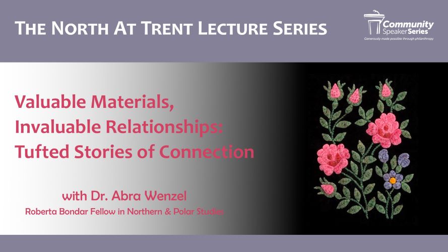 Pink and blue flowers with green leaves and stems created from tufted caribou. Tufted Caribou Picture by Celine Lafferty, ca. 1900-2001. Fenimore Art Museum, T0662.