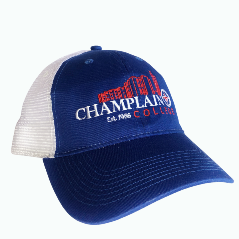 Blue and White baseball hat with Champlain towers and crest on the front, text "Champlain Est. 1966