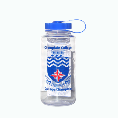 Champlain Nalgene water bottle - clear with blue crest and blue lid