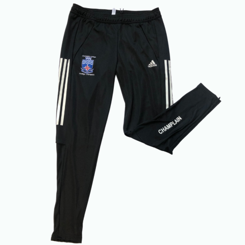 Champlain College Adidas jogging pants - black pants with adidas white stripes front left Champlain crest right back of leg reads champlain college