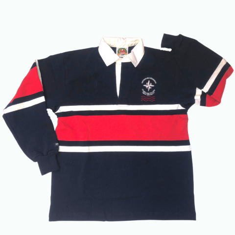 Champlain Rugby Shirt - navy with red and white stripes and small right had compass logo