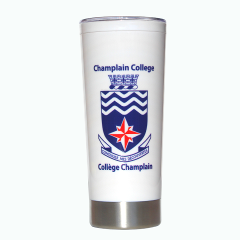 Champlain College White travel mug, tall with champlain crest and clear lid - metal on the inside.