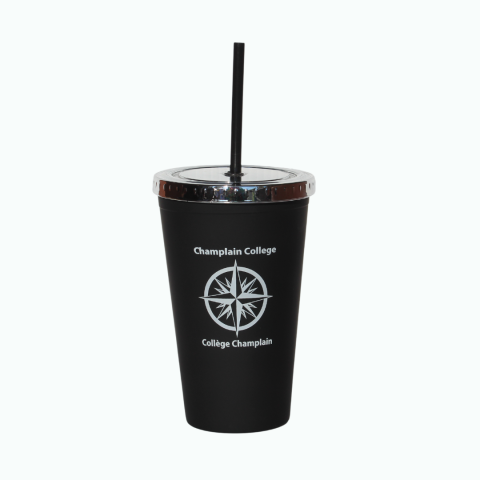 CC black tumbler with straw, clear lid, white compass on the front