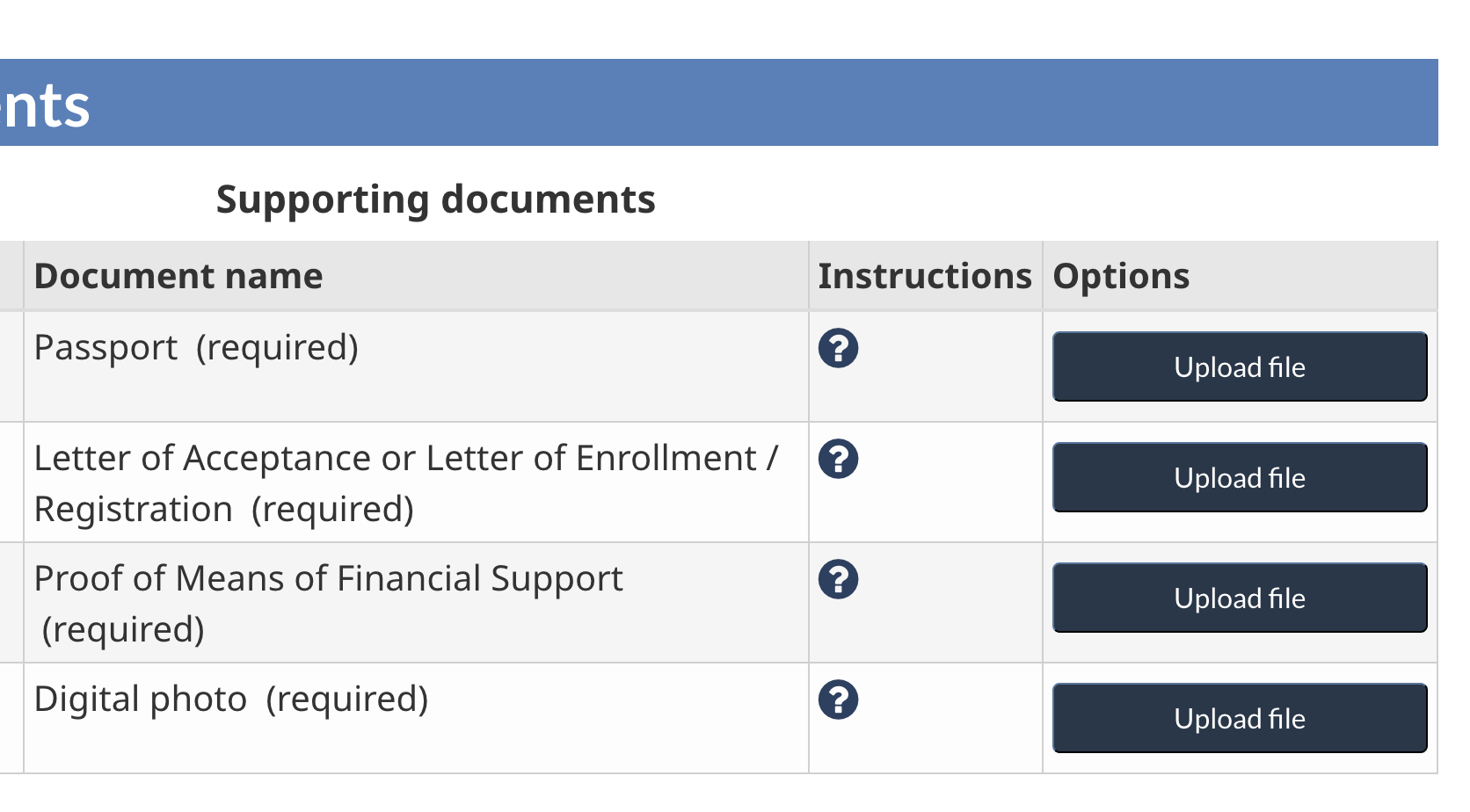 A table lists supporting documents needed: Passport, Letter of Acceptance/Enrollment, Proof of Financial Support, Digital photo. Each has an "Upload file" option.