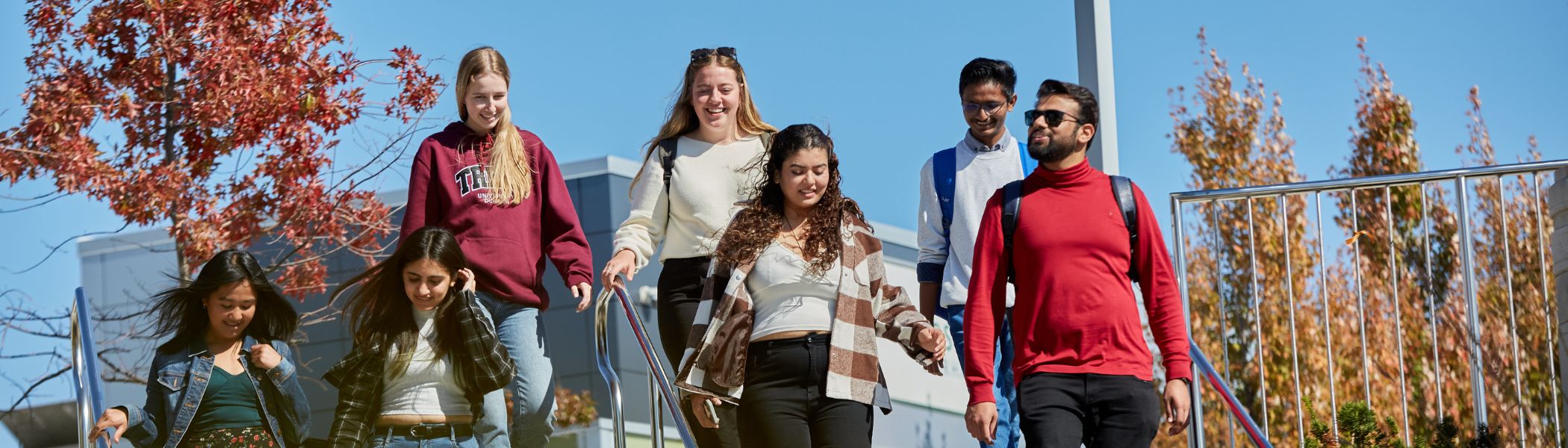 A group of students walking down the stairs together