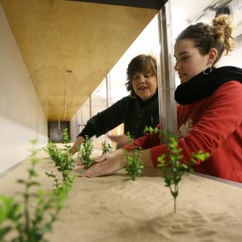 Professor and student doing research using the Wind Tunnel at Trent University