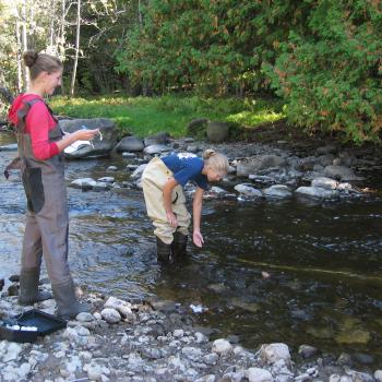 2 female students wearing hip waiders standing in stream of water taking measurements 1 girl recording results while other is in water