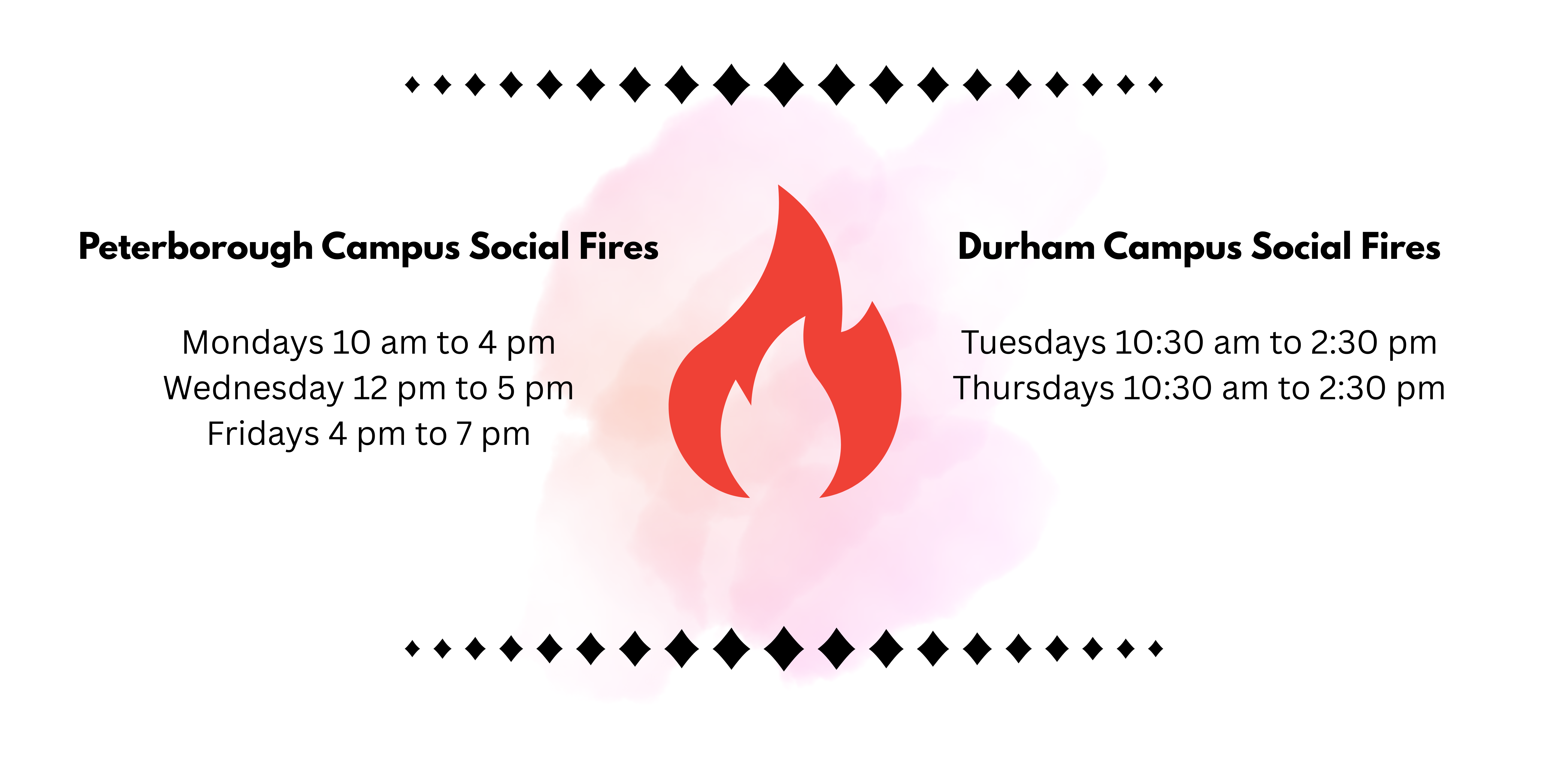 Banner with image of fire. Peterborough Social Fires Monday 10-4, Wednesday 12-5, Friday 4-7. Durham Campus Fires Tuesdays and Thursdays 10:30 to 2:30