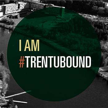 Black and white aerial view of the Symons campus in the morning sun, with some text that reads: I am Trent U Bound