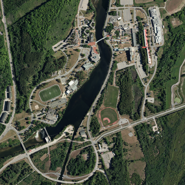 Aerial of Trent University, similar to a map, where you can see every building and the roads.