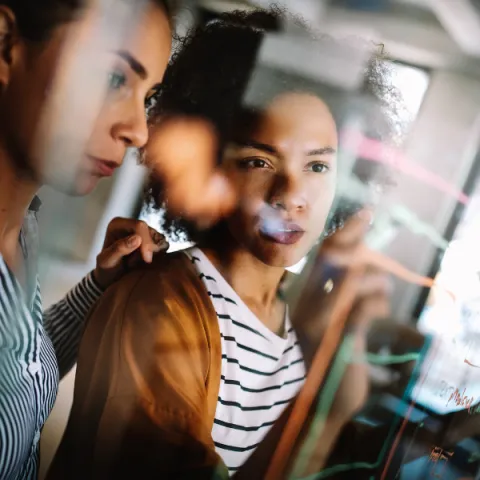 Two people looking at a board.