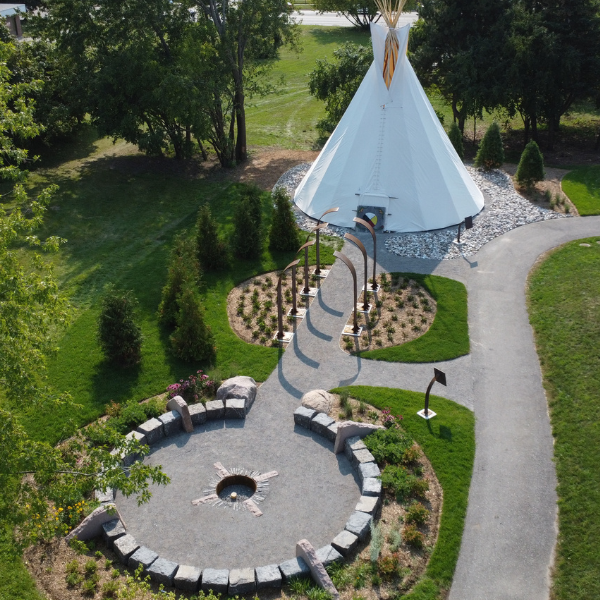 Aerial of Trent Durhams traditional area with tipi and medicine garden. 