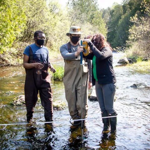 Trent University professor and students in a river, surveying the water.