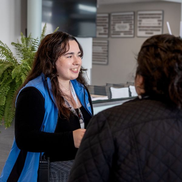 Ashley Beaudro speaking to a prospective student