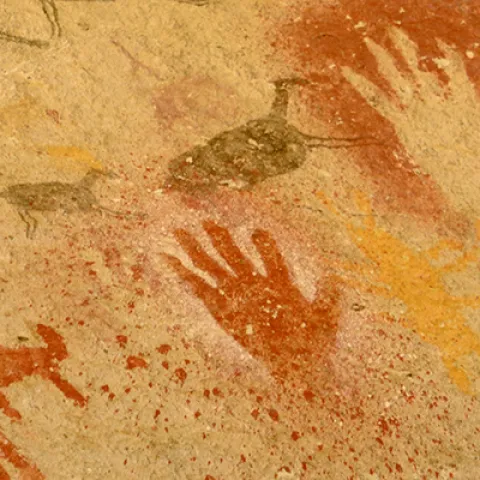 Pictograph of handprints and deer