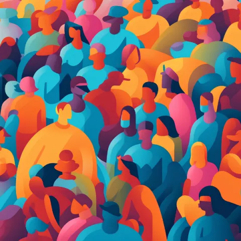 Stylized, colourful, illustration of an abstract crowd, symbolizing diversity and inclusion in society. Importance of individual differences and promoting equal opportunities within communities. Generative AI