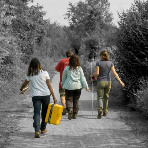 Group of Trent University students walking down a trail in a forest with research equipment.