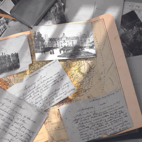 Maps, historical documents and photos, on a desk.