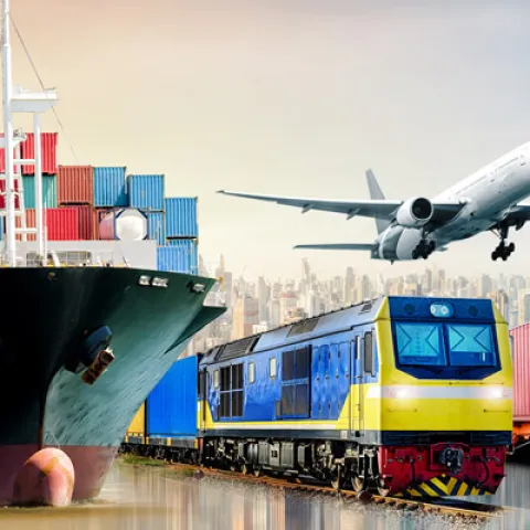 Cargo ship, train, transport truck, airplane indicating various methods of transport.