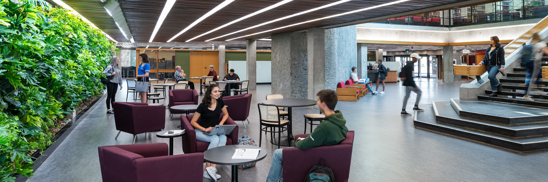Broad view of students on the main floor of Bata library