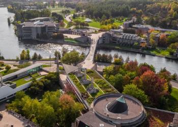 Aerial view of Trent University and Otonabee river