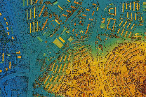 A birds eye view of a landscape with elevation symbology from blue to yellow.