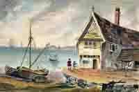 Painting of a house on the water with a boat and two people in the yard