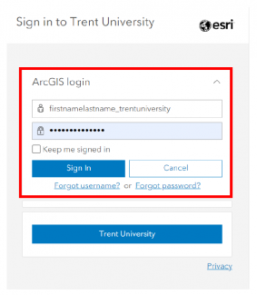 Trent University ArcGIS Organizational login