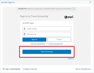 ArcGIS Pro Sign in with Trent University blue button