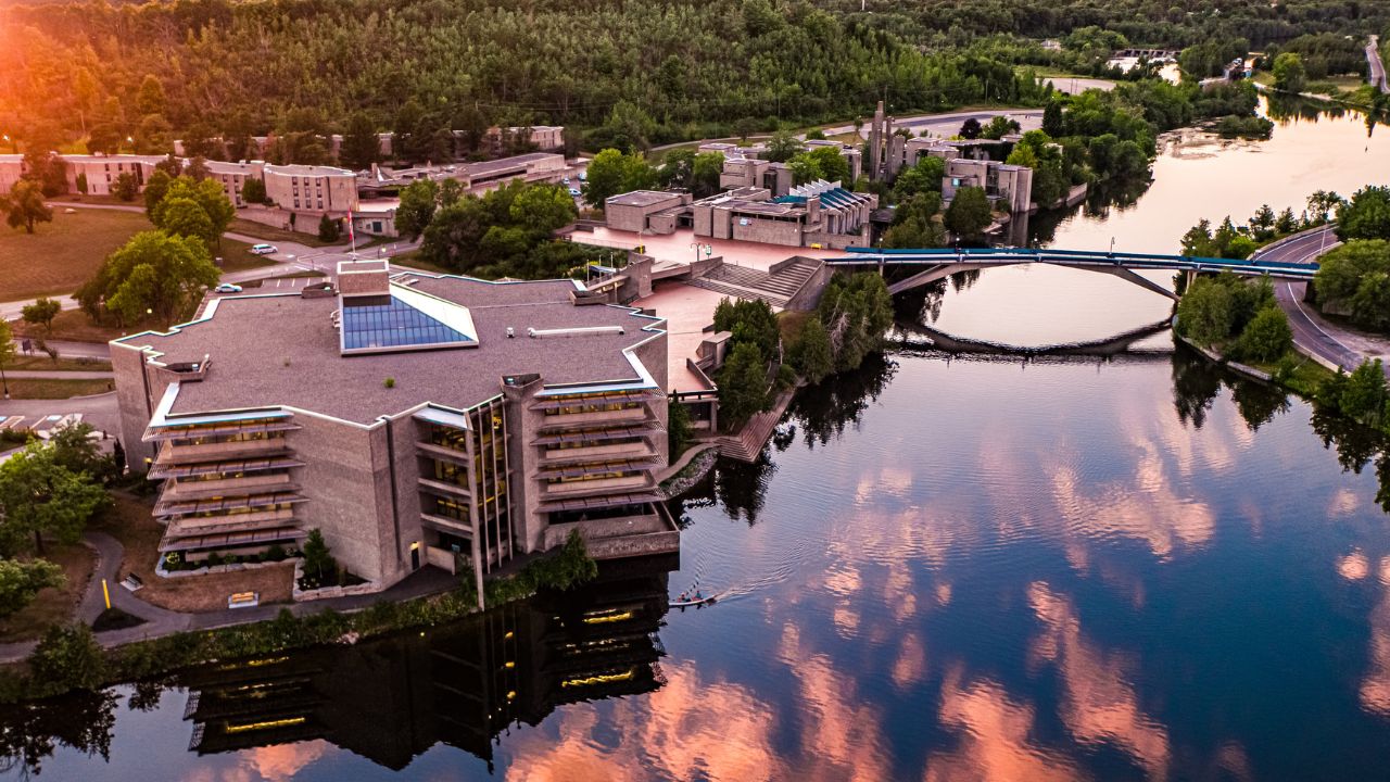 Sunset aerial of the campus