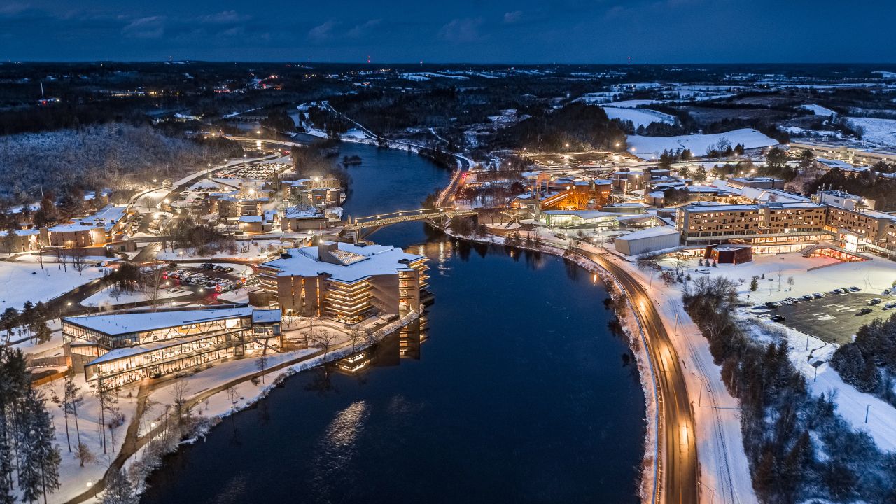 Trent campus on a winter evening