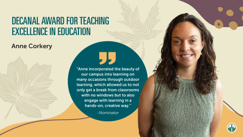 Anne Corkery in front of fall-themed illustrated background. Recipient of the Decanal Award for Teaching Excellence in Education 