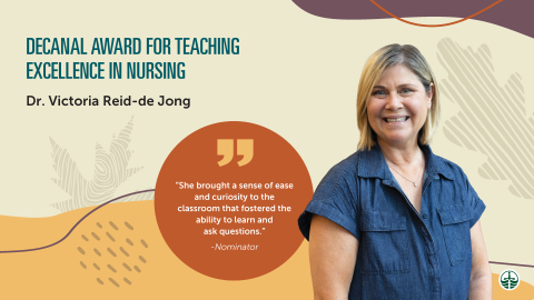 Dr. Victoria Reid-de Jong in front of fall-themed illustrated background. Recipient of the Decanal Award for Teaching Excellence in Nursing