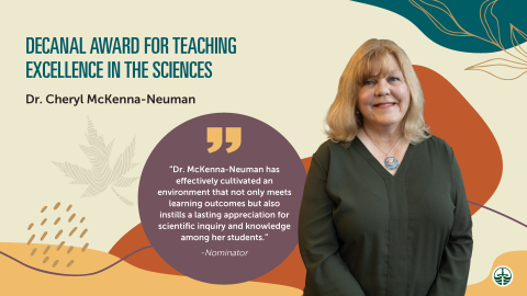 Dr. Cheryl McKenna Neuman in front of fall-themed illustrated background. Recipient of the Decanal Award for Teaching Excellence in the Sciences