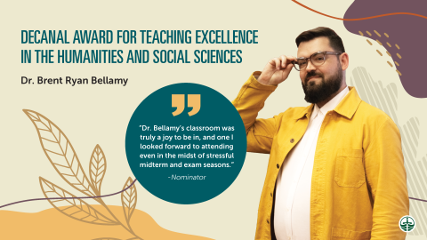 Dr. Brent Ryan Bellamy in front of fall-themed illustrated background. Recipient of the Decanal Award for Teaching Excellence in the Humanities and Social Sciences