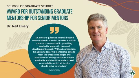 Dr. Neil Emery in front of fall-themed illustrated background. Recipient of the School of Graduate Studies Awards for Outstanding Graduate Mentorship for Senior Mentors